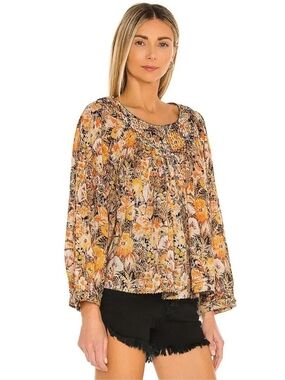 B4 We The Free Floral Smocked Yoke Blouse in Mustard and Cream
